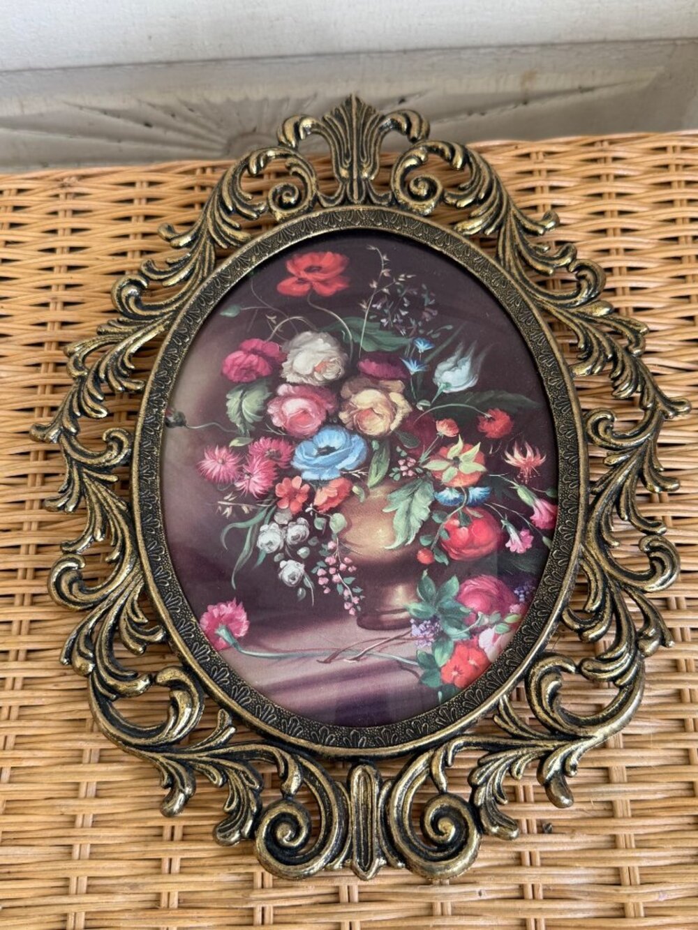 Vintage 1960s Italian Metal Frame Convex Glass Floral Bouquet Print 13x10" - Picture 6 of 11